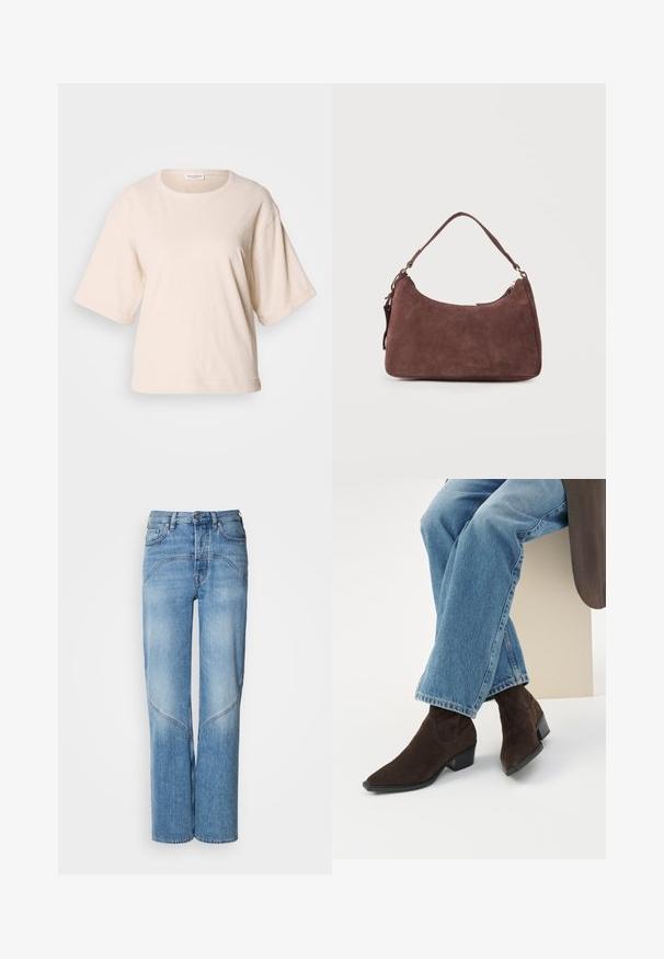 Lys beige kortærmet t-shirt, lavet af blødt bomuld. Har en rund halsudskæring og en løs pasform med opfoldede ærmer. Minimalistisk design.; Lyseblå denimjeans har en afslappet pasform, brede ben og buede syninger. Stoffet har en glat tekstur med let falmning.; Ben krydset iført lyseblå jeans og mørkebrune ruskind ankelsstøvler med lave blokhæle mod en ensfarvet baggrund.; Brun skuldertaske i ruskind med én hank og lynlåslukning, vist mod en ensartet lys baggrund.