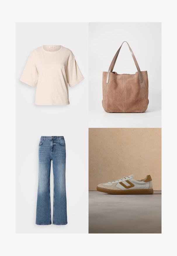 Lys beige kortærmet t-shirt, lavet af blødt bomuld. Har en rund halsudskæring og en løs pasform med opfoldede ærmer. Minimalistisk design.; Mos Mosh MAI - Jeans Straight Leg - blue wash; Hvid sneaker med perforeret overdel, lysebrune ruskindsdetaljer og lysbrun gummisål. Har snørebånd og et minimalistisk design.; Anna Field LEATHER - Shopping bags - taupe