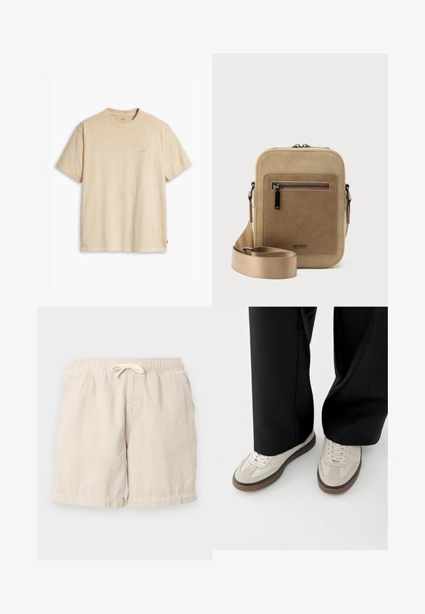 Beige bomulds t-shirt med rund hals og korte ærmer. Har et subtilt "Levi's" logo i samme farve på brystet. Blød tekstur.; Beige corduroy shorts med elastisk talje og snor, der har sidelommer og et struktureret, ribbet mønster.; Fødder iført beige sneakers med brune såler og sorte bukser med vide ben på hvid baggrund.; Lille beige crossbody-taske med lynlåslomme foran, metal ALDO-logo, justerbar bred rem og rundet rektangulær form på hvid baggrund.