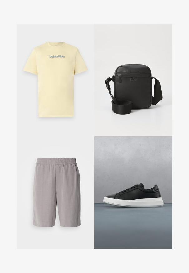 Svetložlté bavlnené tričko s okrúhlym výstrihom, krátkymi rukávmi a jemným, viacfarebným logom "Calvin Klein" na hrudi.; Calvin Klein PULL ON - Šortky - steeple gray; Čierne kožené tenisky s hladkým povrchom, biela gumová podrážka, zaoblený tvar, šesť dierok na šnúrky a decentné logo na päte.; Čierna kožená crossbody taška s textúrovaným povrchom, s prednou zipsovou kapsou a nastaviteľným textilným popruhom. Viditeľné logo značky.