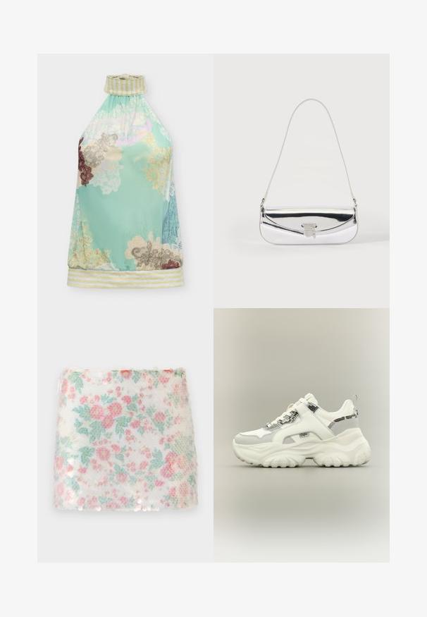Sleeveless halter top with yellow and white striped collar and hem, featuring a pastel floral lace pattern on a light turquoise background.; Floral-patterned white fabric with pastel pink and green flowers, featuring a textured surface and subtle sequins along the bottom edge.; White chunky sneaker with snakeskin-patterned accents, thick textured sole, and Velcro strap over laces on neutral background.; Small silver shoulder bag with a thin strap and a front flap secured by a metal clasp.