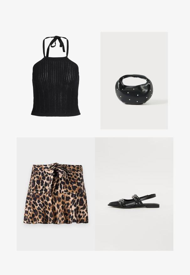 Čierny pletený crop top s halter výstrihom, vertikálnym otvoreným vzorom a zaväzovaním na krku.; Mini sukňa s leopardím vzorom vyrobená z jemnej tkaniny, ktorá má rozšírený strih, viazaný pás a kontrastné čierne a hnedé škvrny na béžovom pozadí.; Even&Odd by Zalando Balerínky na šnúrky - black; Čierna kožená kabelka s zaobleným tvarom, zdobená striebornými cvočkami a krátkym rúčkou. Hladká textúra a zapínanie na zips.