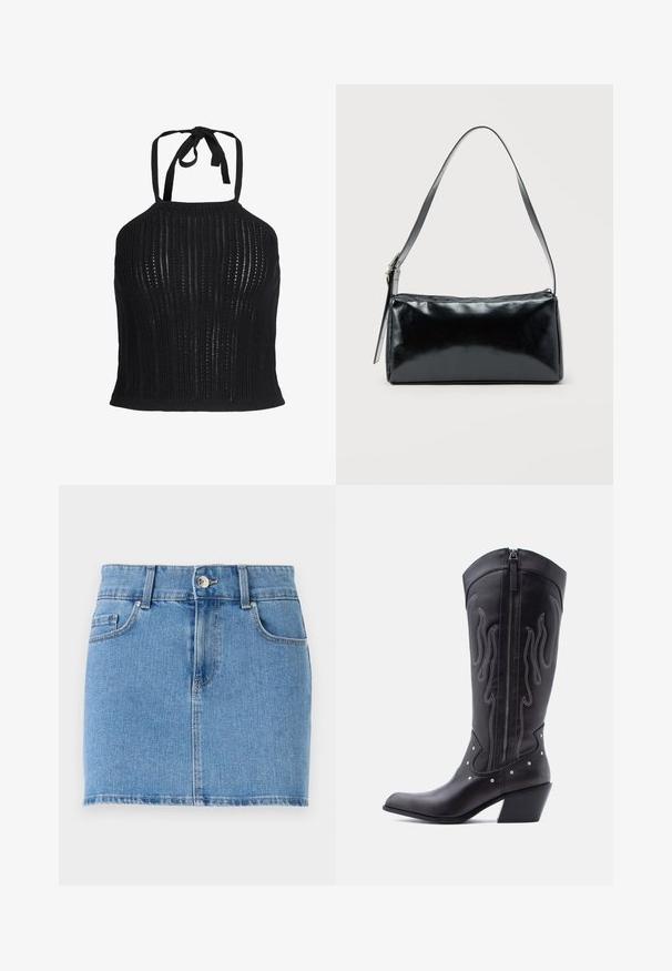 Musta neulottu halter-mallinen crop top, jossa pystysuora avokudontakuosi ja solmittava suljenta kaulassa.; Sininen farkku minihame. Ominaisuudet: tiukka malli, viisi taskua, nappikiinnitys ja suora helma, jossa on lievää kulumista.; Mustat nahkaiset cowboy-saappaat, joissa on terävä kärki, näkyvät tikkaukset, hopeiset niittikoristeet ja vetoketjusuljin saappaiden sisäsivulla.; Musta suorakaiteen muotoinen olkalaukku, jossa on säädettävä yksittäisolkaimen hihna ja yläreunassa vetoketjusuljin, yksivärisellä taustalla.