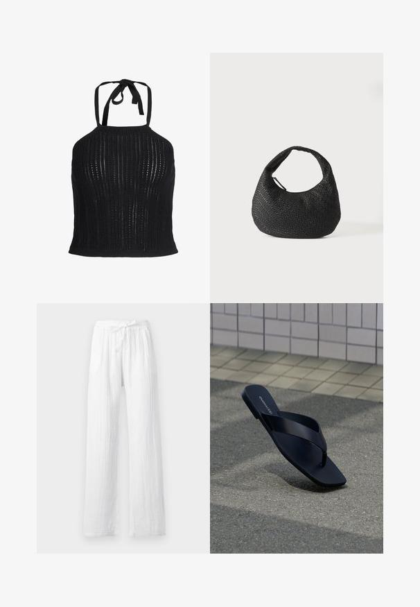 Čierny pletený crop top s halter výstrihom, vertikálnym otvoreným vzorom a zaväzovaním na krku.; Biele ľahké ľanové nohavice so šnúrkou v páse a rovnými nohavicami, zobrazené na jednoduchom pozadí.; Čierna tangová sandála s štvorcovým špičkou a názvom značky na stielke, umiestnená vzpriamene na textúrovanom povrchu blízko obkladanej steny.; Čierna pletená kožená kabelka s zakriveným rúčkou a telom v tvare polmesiaca, zobrazená na jednoduchom bielom pozadí.