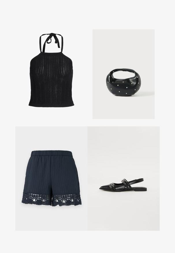 Musta neulottu halter-mallinen crop top, jossa pystysuora avokudontakuosi ja solmittava suljenta kaulassa.; Laivastonsiniset naisten shortsit, joissa joustava vyötärönauha ja kukallinen pitsihelma, yksinkertaisen vaalean taustan edessä.; Even&Odd Takaa avoimet ballerinat - black; Musta nahkainen käsilaukku, jossa on pyöreä muoto, koristeltu hopeisilla niittikoristeilla ja lyhyt kahva. Sileä pinta ja vetoketjullinen suljenta.