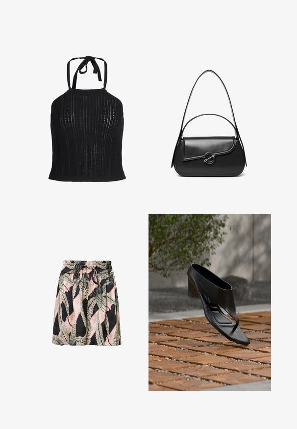 Μαύρο πλεκτό crop top με halter neck, κάθετο ανοιχτό πλεκτό μοτίβο και δέσιμο στον λαιμό.; Φορεμάτι με λουλουδάτο σχέδιο σε μαύρο φόντο, με ελαστική ζώνη στη μέση, λεπτομέρεια κορδονιού και ελαφρύ, ομαλό υλικό.; Μαύρο πέδιλο με ψηλό τακούνι και λουράκι ανάμεσα στα δάχτυλα, που αιωρείται πάνω από ένα διακοσμημένο ξύλινο και χαλικάδικο εξωτερικό χώρο με θολό πράσινο και τοίχο στο φόντο.; Μαύρη δερμάτινη τσάντα ώμου με καμπυλωτό καπάκι που ασφαλίζει με στρογγυλό μεταλλικό κούμπωμα και λεπτό, ρυθμιζόμενο λουράκι.