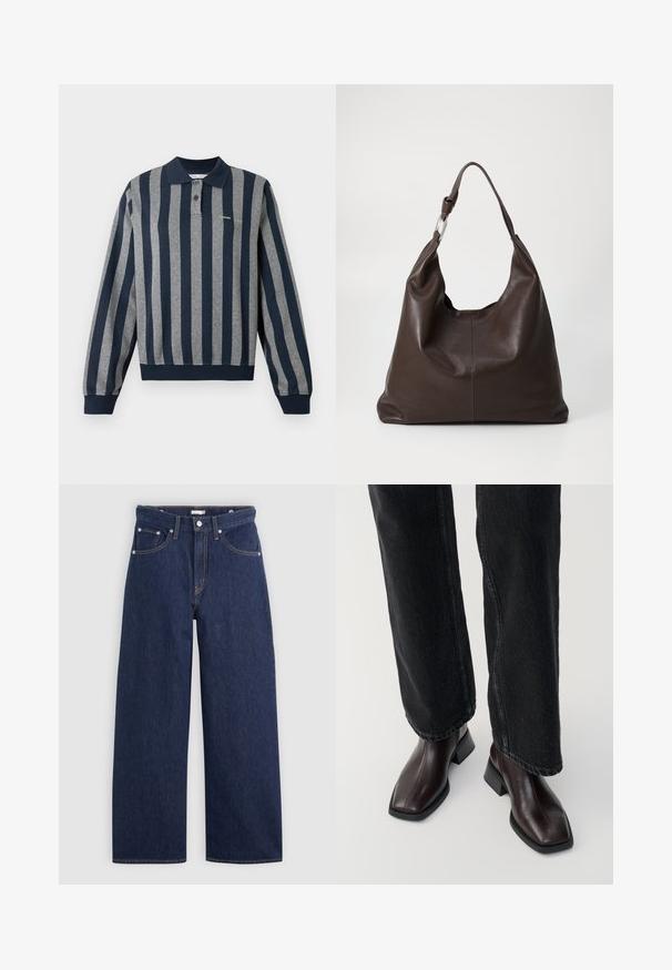 Polo à manches longues avec rayures verticales bleu marine et grises, doté d'un col, d'une patte de boutonnage et d'un ourlet et poignets côtelés.; Jeans en denim bleu foncé à jambes larges avec une taille haute, dotés de cinq poches, passants de ceinture et détails de couture en cuivre. Texture lisse.; Bottines en cuir marron avec un orteil carré et un talon carré, associées à un jeans noir à jambes larges. Texture lisse et design minimaliste.; Zign LEATHER - Cabas - chocolate brown