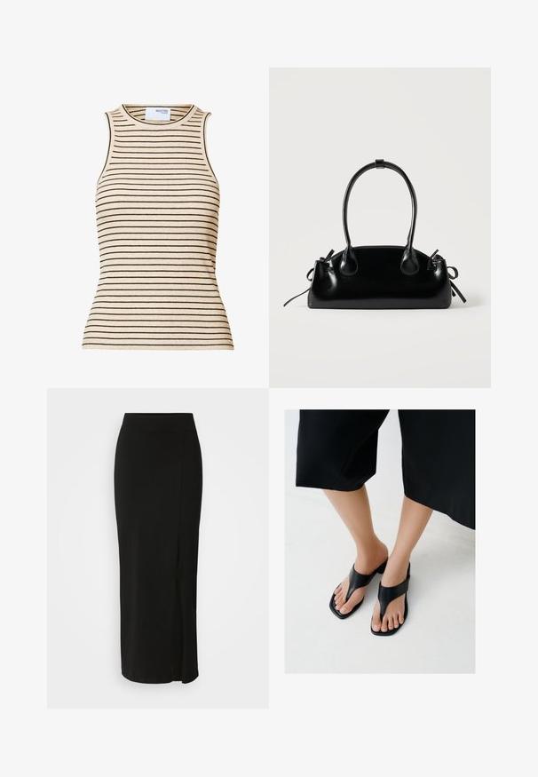 Beige ærmeløs ribstrikket top med smalle sorte vandrette striber og rund halsudskæring.; Sort, knælang skirt lavet af blødt, strækbart stof. Har en tætsiddende talje og en sideslids for øget bevægelsesfrihed.; Fødder iført sorte, firkantede hælsandaler med brede remme, kombineret med afkortede sorte bukser på et lyst gulv.; Lille sort blank håndtaske med to lange håndtag og snøre-detaljer i siden på en ensfarvet lys baggrund.