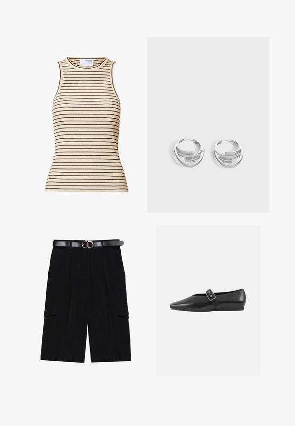 Beige ærmeløs ribstrikket top med smalle sorte vandrette striber og rund halsudskæring.; Sorte cargo shorts lavet af letvægtsstof, med lige snit, sidelommer og et brunt læderbælte med en sølvspænde.; Sorte læder flade sko med spidse tæer, prydet med en metallisk spænde over vristen og en lav, fleksibel sål.; Par polerede sølv hoops øreringe med lagdelt, buet stangdesign på en ensartet lys baggrund.