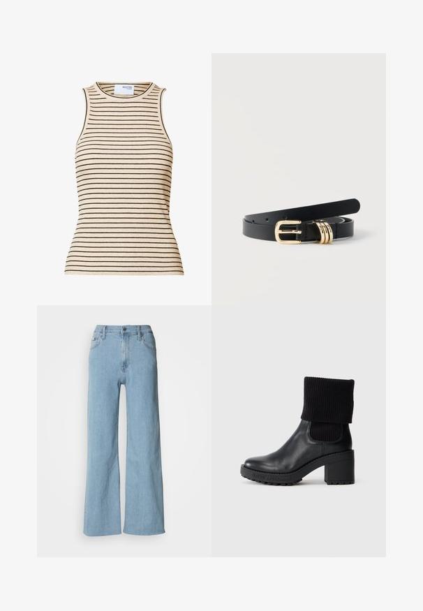 Beige ærmeløs ribstrikket top med smalle sorte vandrette striber og rund halsudskæring.; Lyseblå vidde jeans lavet af denim, med en tætsiddende talje, fem-lomme design og subtile syningsdetaljer.; Sort læder ankelstøvle med en ribbet sort strikket kant, kraftig høj hæl og tekstureret gummisål med "LOVE MOSCHINO" branding.; Sort læderbælte med guldmetalspænde og tre gyldne bæltespændere, snoet på en helt hvid baggrund.