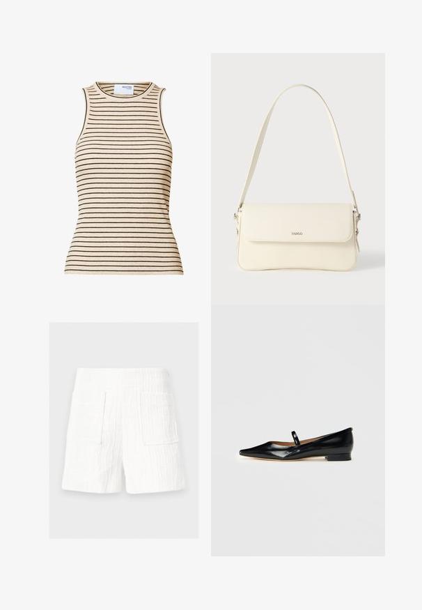 Beige ærmeløs ribstrikket top med smalle sorte vandrette striber og rund halsudskæring.; Hvide shorts i tekstureret stof med bred elastisk linning og to store påsatte lommer foran.; Sorte patenterede læder Mary Jane flade sko med spids tå, én rem og lav hæl på ensfarvet baggrund.; Cremefarvet læder skuldertaske med flaplukning, sølvfarvet beslag, en enkelt justerbar rem og diskrete logodetaljer.