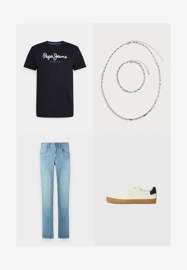 Čierne bavlnené tričko s bielym skriptovým logom "Pepe Jeans" s modrým akcentom, okrúhly výstrih a krátke rukávy. Jednoduchý, jednoliaty dizajn.; Svetlomodré rifle s rovnými nohavicami vyrobené z denimu, so šiestimi vreckami, zipsom na zapínanie a jemným vyblednutím, ktoré ukazujú hladkú textúru.; Biele plátenné tenisky s gumovou podrážkou, čiernym akcentom na päte, okrúhlou špičkou a šnurovacími detailmi. Na boku sa nachádza zlaté logo značky.; Strieborný skrútený náhrdelník a zodpovedajúci náramok s nastaviteľnými zapínaniami položené na bielom pozadí.