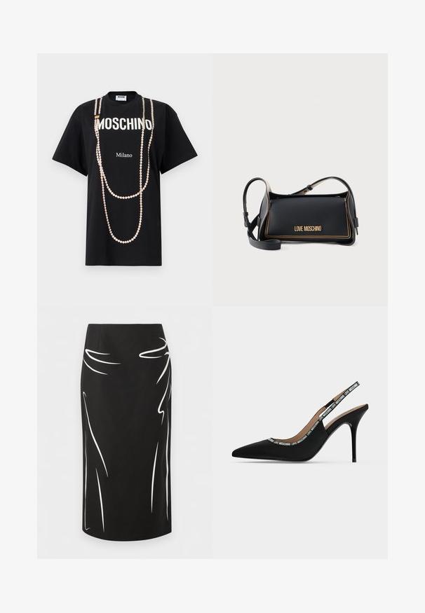Μαύρο T-shirt με κείμενο "MOSCHINO" και "Milano". Διακοσμημένο με ανάγλυφη εκτύπωση ροζ χάντρων πέρλας που μοιάζουν με κρεμαστά κολιέ. Κοντά μανίκια.; Μαύρη pencil φούστα μέχρι το γόνατο με λευκές αφηρημένες κυρτές γραμμές στις μπροστινές πλευρές.; Μαύρο γυναικείο παπούτσι με ανοιχτή φτέρνα, λεπτό στιλέτο τακούνι και μυτερή μύτη, με το κείμενο "LOVE MOSCHINO" στο λουράκι και την άκρη.; Μαύρη ορθογώνια τσάντα Love Moschino με χρυστό ράψιμο και ρυθμιζόμενο ιμάντα ώμου σε απλό φόντο.