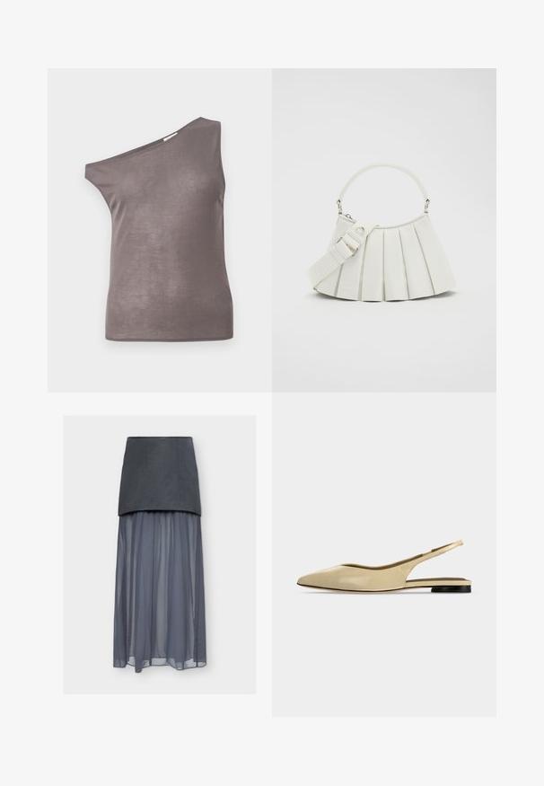 Haut sans manches taupe avec un design à une épaule et un col asymétrique, réalisé dans un tissu léger et légèrement transparent.; Jupe gris foncé avec une couche supérieure ajustée unie et une longue couche inférieure transparente et fluide.; Chaussure plate beige à bout pointu avec bride arrière, petit talon noir et finition en cuir lisse, vue de côté sur un fond uni.; Lacoste S LENGLEN BAG - Sac à main - cristalline