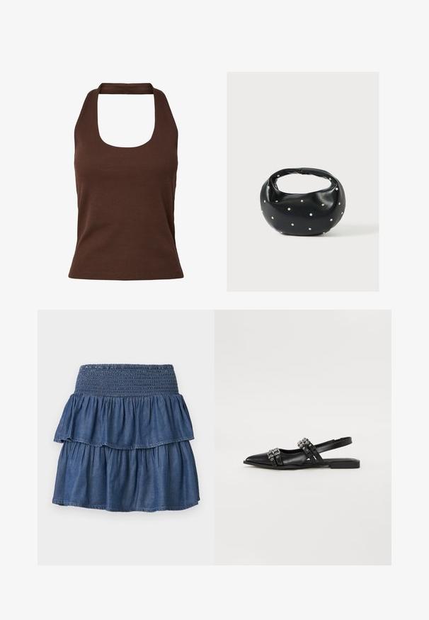 Haut marron côtelé sans manches à col montant carré et taille ajustée.; Jupe en jean bleue à volants avec une large ceinture smockée et deux couches froncées sur un fond uni.; Even&Odd by Zalando Ballerines à brides arrière - black; Sac à main en cuir noir de forme arrondie, décoré de clous argentés et équipé d'une poignée courte. Texture lisse et fermeture éclair.