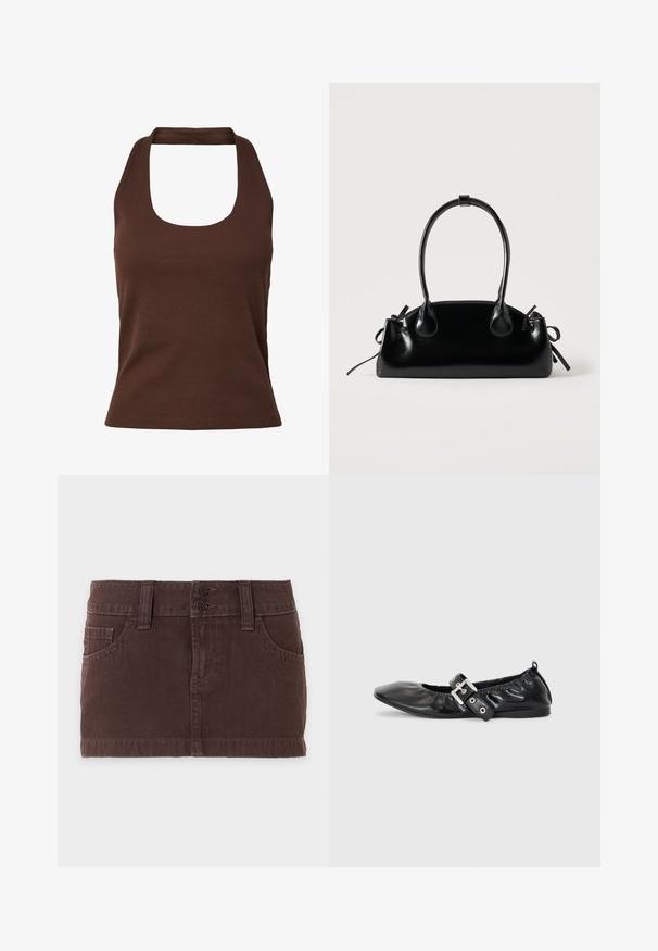 Haut marron côtelé sans manches à col montant carré et taille ajustée.; Mini-jupe en denim marron avec poches avant, passants de ceinture et double fermeture à boutons sur un fond clair uni.; Chaussure plate en cuir noir avec un nez pointu, des détails froncés autour de l'ouverture et un accent en boucle argentée sur la bride ajustable.; Petit sac à main noir brillant avec deux longues anses et des détails à cordon sur les côtés sur un fond clair uni.