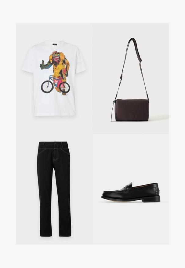 Weißes Baumwoll-T-Shirt mit einem bunten grafischen Motiv eines Charakters, der einen Daumen nach oben zeigt, während er Fahrrad fährt.; Schwarze Denim-Jeans mit geradem Schnitt, versehen mit gelben Nähten, fünf Taschen und einem vorderen Knopfverschluss. Glatte Textur und minimalistisches Design.; Schwarzer Leder-Herrenschuh (Loafer) mit niedrigem Absatz und Mokassin-artiger Naht am Zehenbereich, seitlich auf einfarbigem Hintergrund dargestellt.; Dunkelbraune, strukturierte Leder-Crossbody-Tasche mit verstellbarem Riemen und kleinem dekorativen blauen Akzent an der Seite.
