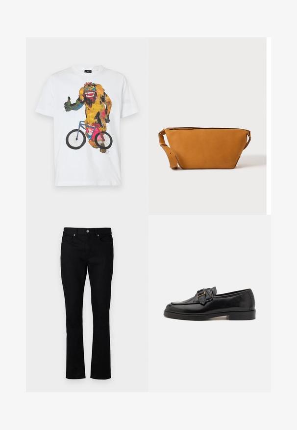 Weißes Baumwoll-T-Shirt mit einem bunten grafischen Motiv eines Charakters, der einen Daumen nach oben zeigt, während er Fahrrad fährt.; Schwarze Jeans aus Denim mit geradem Bein, mittelhoher Taille, fünf Taschen und Metallbeschlägen. Glatte Textur.; Schwarze Leder-Lederschuhe mit abgerundeter Zehenpartie und dekorativem Schnallenakzent. Flacher, solider Absatz und durchgehend glatte Oberfläche.; Hellbraune Leder-Umhängetasche mit verstellbarem Schulterriemen und Reißverschluss, vor einem schlichten hellen Hintergrund gezeigt.