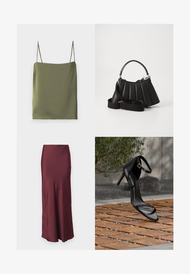Olijfgroene cami-top gemaakt van gladde stof. Heeft dunne bandjes en een recht uitgesneden halslijn, met een eenvoudig, minimalistisch ontwerp.; Bordeaux satijnen maxirok met een aansluitende taille en een uitlopende zoom, voorzien van een gladde textuur en zonder zichtbare patronen of versieringen.; Zwarte hoge hak sandaal met enkelbandje zweeft boven een houten tegelvloer buiten, met een onscherpe groene en stenen achtergrond.; Zwarte geplooide handtas met een ronde handgreep, verstelbare schouderriem en glanzende textuur. Heeft zilveren hardware en een gestructureerde silhoutte.
