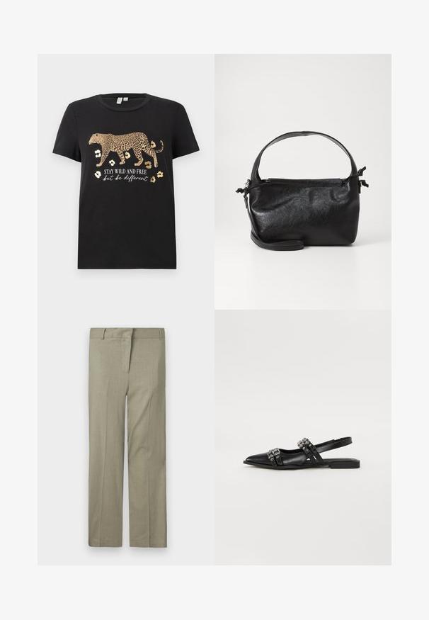 Sort bomulds T-shirt med leopardprint design og gyldne accenter. Har teksten "BLIV VILDE OG FRIE, men vær anderledes" under.; Lys olivengrønne bukser, skræddersyet pasform, med flad front, to sidelommer og et glat, struktureret stof. Ingen synlige mønstre eller accenter.; Even&Odd Slingback-ballerinasko - black; Sort læderhåndtaske med et struktureret design, rund tophåndtag og aftagelig skulderrem. Den har en glat tekstur og en subtil glans.