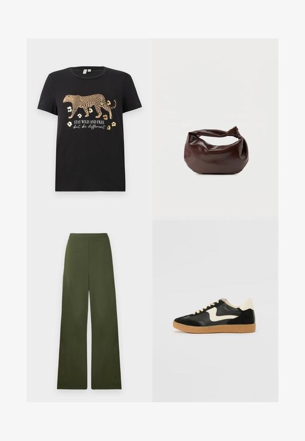 Schwarzes Baumwoll-T-Shirt mit Leopardenmuster und goldenen Akzenten. Mit dem Text "BLEIB WILD UND FREI, aber sei anders" darunter.; Olivegrüne weit geschnittene Hosen mit glatter Textur und taillierter Taille. Keine sichtbaren Taschen oder Details, gefertigt aus einem leichten Material.; Schwarze Wildleder- und Leder-Sneaker mit einem cremefarbenen Seiten-Swoosh und einer hellcremefarbenen Ferse. Ausgestattet mit beige Schnürsenkeln und einer Gummilaufsohle.; Dunkelbraune Lederschultertasche mit weicher, lockerer Form und einem gedrehten Knotengriff vor schlichtem weißem Hintergrund.