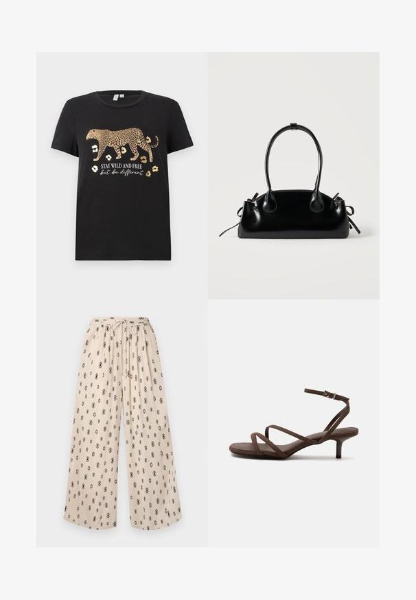 Camiseta de algodón negra con un diseño de estampado de leopardo y acentos dorados. Presenta el texto "MANTENTE SALVAJE Y LIBRE pero sé diferente" debajo.; Pantalones de pierna ancha beige con cintura ajustable, que presentan un patrón de diamante negro en toda la prenda. Fabricados con un tejido ligero para mayor comodidad.; Sandalia marrón de tacón alto con tiras finas cruzadas y una correa en el tobillo con una hebilla plateada sobre un fondo blanco.; Pequeño bolso negro brillante con dos asas largas y detalles de cordón lateral sobre un fondo claro liso.