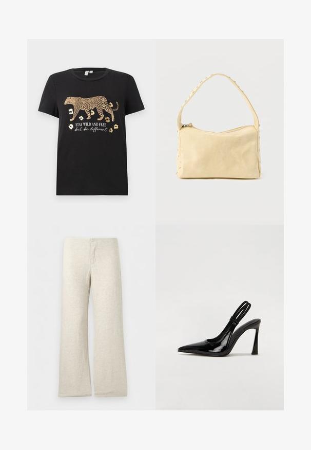 Sort bomulds T-shirt med leopardprint design og gyldne accenter. Har teksten "BLIV VILDE OG FRIE, men vær anderledes" under.; Beige vidbenet bukser i hør med en flad taljebånd og synlige sømdetaljer på gylpen, vist på en ensfarvet hvid baggrund.; Sorte patenterede lædersædler med spidse tæer, slank høj hæl og dobbelt elastisk rem for sikker pasform. Glat, skinnende overflade.; Lille beige læderhåndtaske med en enkelt rem og sølvnitter langs kanterne og remmen, sat mod en ensfarvet baggrund.
