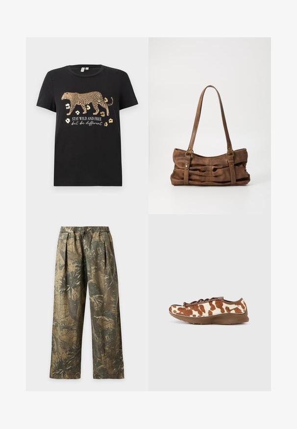 Camiseta de algodón negra con un diseño de estampado de leopardo y acentos dorados. Presenta el texto "MANTENTE SALVAJE Y LIBRE pero sé diferente" debajo.; Pantalones de corte holgado con cintura elástica, con un estampado de camuflaje de hojas tropicales en verde y marrón.; Zapatilla de colores marrón y crema con una parte superior suave y texturizada y una suela marrón lisa. Presenta un diseño con cordones y una marca sutil.; Even&Odd Bolso de mano - brown