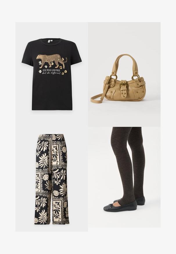 Sort bomulds T-shirt med leopardprint design og gyldne accenter. Har teksten "BLIV VILDE OG FRIE, men vær anderledes" under.; Bukser med vide ben med sorte og beige blomster- og bladmønstre arrangeret i firkantede blokke, med elastik i taljen.; Ben iført mørke ribbede leggings kombineret med sorte balletsko med små sløjfedetaljer på hvid baggrund.; Beige læderhåndtaske med dobbelte håndtag, messing spænde og nitte detaljer samt en justerbar skulderrem mod en hvid baggrund.