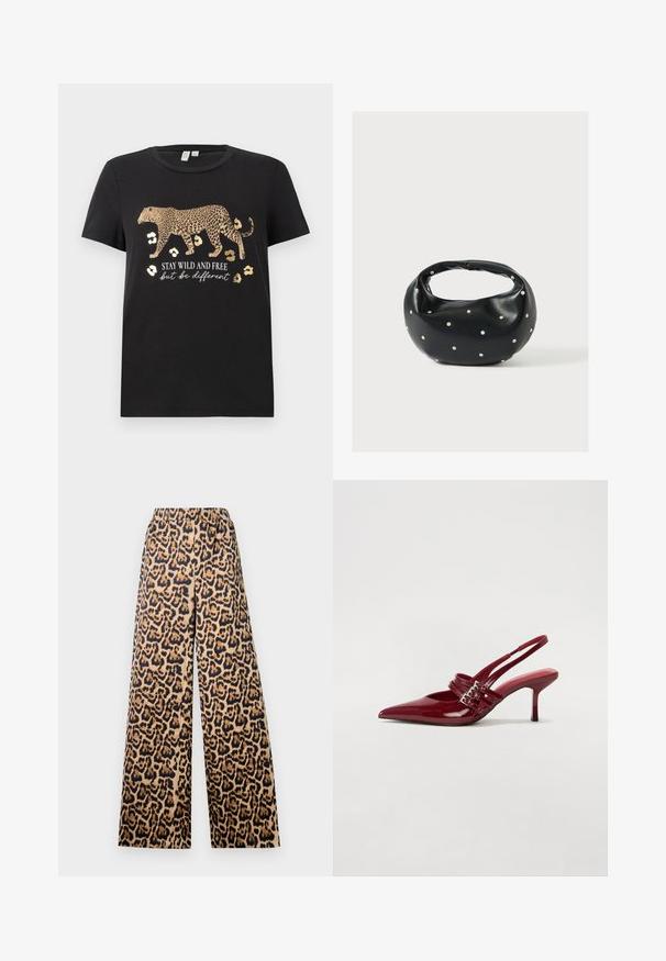 Sort bomulds T-shirt med leopardprint design og gyldne accenter. Har teksten "BLIV VILDE OG FRIE, men vær anderledes" under.; Bredde bukser med leopardprint i beige og sort, med elastisk talje og en glat overflade.; Røde patenteret læder slingback hæle med spids tå, to spændebånd og en slank, mellemhøj stiletto hæl. Glat tekstur.; Sort læderhåndtaske med en rundet form, dekoreret med sølvnitter, og et kort håndtag. Glat tekstur og lynlåslukning.