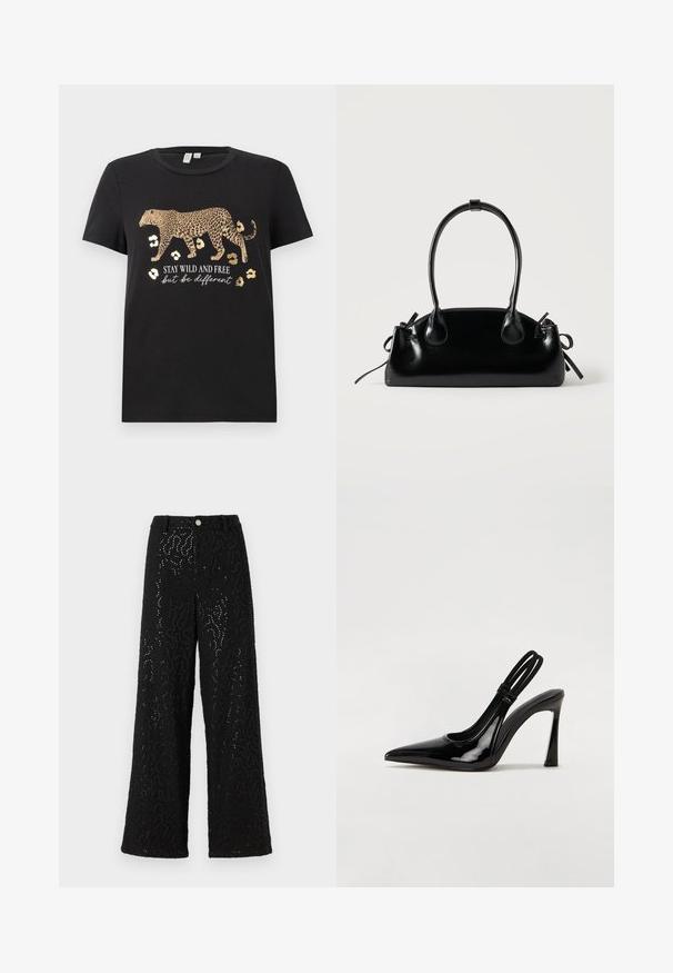Schwarzes Baumwoll-T-Shirt mit Leopardenmuster und goldenen Akzenten. Mit dem Text "BLEIB WILD UND FREI, aber sei anders" darunter.; Schwarze weit geschnittene Hosen mit einer strukturierten Oberfläche, die metallische Akzente und ein dezentes wellenförmiges Muster aufweisen. Druckknopfverschluss an der Taille.; Schwarze Lackleder Slingback-Pumps mit spitzem Zehenbereich, schlankem hohen Absatz und doppeltem elastischen Riemen für einen sicheren Sitz. Glatte, glänzende Oberfläche.; Kleine schwarze glänzende Handtasche mit zwei langen Griffen und seitlichen Kordelzug-Details vor einfachem hellem Hintergrund.