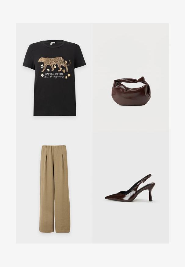 Camiseta de algodón negra con un diseño de estampado de leopardo y acentos dorados. Presenta el texto "MANTENTE SALVAJE Y LIBRE pero sé diferente" debajo.; Pantalones beige de talle alto y pierna ancha con pliegues y tela texturizada, mostrados sobre un fondo blanco.; Zapatos de tacón slingback de charol marrón con punta afilada, tacón delgado y correa ajustable con una pequeña hebilla.; Bolso de hombro de cuero marrón oscuro con una forma suave y caída, y un asa con nudo torcido sobre un fondo blanco liso.