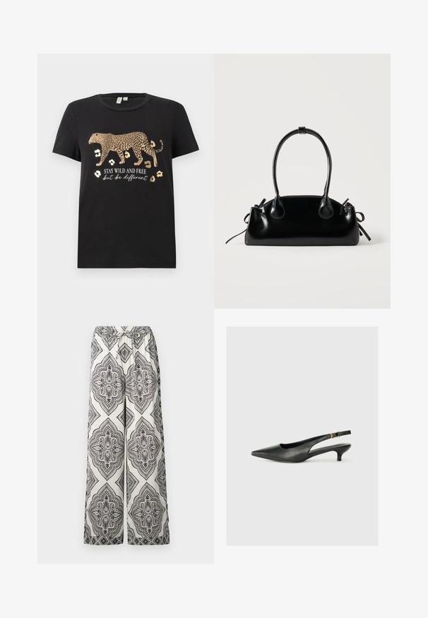 Zwarte katoen t-shirt met een luipaardprint ontwerp en gouden accenten. Bevat de tekst "BLIJF WILD EN VRIJ maar wees anders" eronder.; Wijdvallende broek in crèmekleur met een zwart, verfijnd diamanten patroon. Voorzien van een elastische tailleband met een strikdetail en een soepele textuur.; Zwarte puntschoen met slingback van soepel leer. Kenmerkt zich door een dunne hak en een gespdetail op de verstelbare band.; Kleine zwarte glanzende handtas met twee lange hengsels en zijkant trekkoord details op een effen lichte achtergrond.