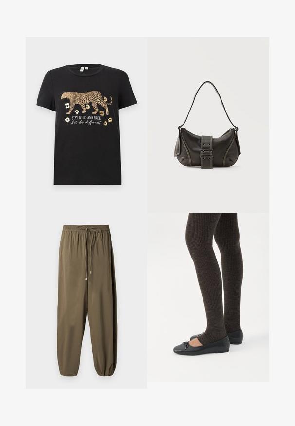 Sort bomulds T-shirt med leopardprint design og gyldne accenter. Har teksten "BLIV VILDE OG FRIE, men vær anderledes" under.; Løse olivengrønne bukser med elastisk talje, snøre og samlede manchetter ved anklerne.; Ben iført mørke ribbede leggings kombineret med sorte balletsko med små sløjfedetaljer på hvid baggrund.; Sort læder skuldertaske med spænde på remmen, afrundede kanter og kontrasterende hvide syninger på en ensfarvet baggrund.