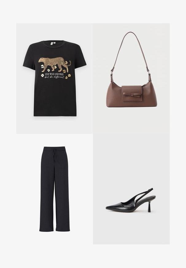 Schwarzes Baumwoll-T-Shirt mit Leopardenmuster und goldenen Akzenten. Mit dem Text "BLEIB WILD UND FREI, aber sei anders" darunter.; Dunkelgraue, weit geschnittene Hose mit strukturiertem Stoff, ausgestattet mit einem elastischen Bund und einem verstellbaren Kordelzug für eine bequeme Passform.; Schwarzer Leder Slingback High Heel Schuh mit spitzer Zehenpartie und schmalem Absatz auf einem weißen Hintergrund.; Braune Leder-Umhängetasche mit einer vorderen Klappentasche, die ein gestepptes Schleifendetail und einen verstellbaren Riemen aufweist.
