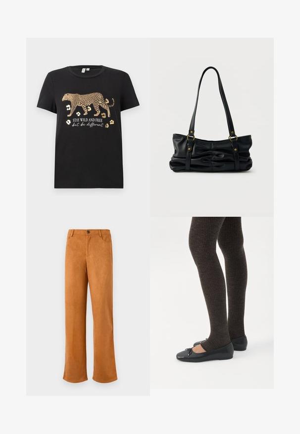 Sort bomulds T-shirt med leopardprint design og gyldne accenter. Har teksten "BLIV VILDE OG FRIE, men vær anderledes" under.; Brune ruskindbukser med lige ben, der har en lynlås i front, knaplukning og standard forlommer. Blød struktur og ensfarvet.; Ben iført mørke ribbede leggings kombineret med sorte balletsko med små sløjfedetaljer på hvid baggrund.; Sort plisseret læderhåndtaske med dobbelt rullede håndtag og hardware-detaljer i guldfarve. Den bløde tekstur og runde form bidrager til dens design.