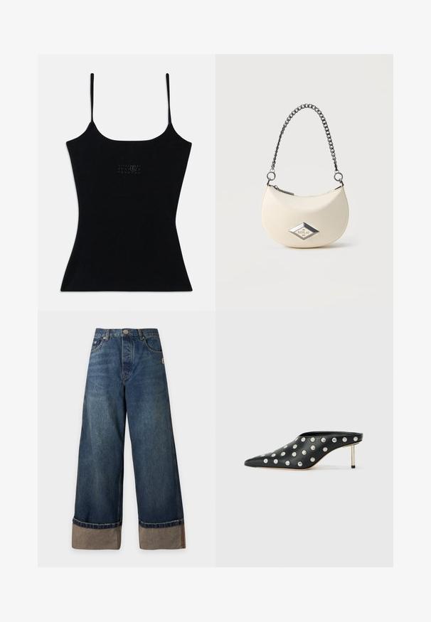 Sort tætsiddende tanktop med tynde stropper, lavet af ribbet stof. Har et subtilt logo-design på forsiden. Glat tekstur og strømlinet silhuet.; Blå vidde jeans i denim med opkrogede kanter, der viser lysere inderstof, forlommer og knaplukning i taljen.; STAND STUDIO KELSEY - Mules med hæl - black; Kremfarvet håndtaske i halvmåneform med sølvkæde og diamantformet metal-logo med teksten "Replay" på forsiden.