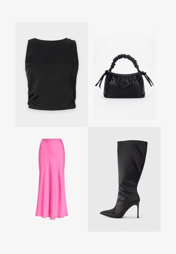 Débardeur noir sans manches avec une texture lisse et brillante ; il présente un col rond et des détails froncés sur les côtés pour une silhouette ajustée.; Jupe midi en satin rose vif avec une taille ajustée et un léger évasement vers l'ourlet, tissu lisse et brillant, sans motifs ni embellissements.; Botte noire haute jusqu'aux genoux en cuir verni lisse et élégant ; bout pointu ; ajustée avec un léger froncé près de la cheville ; talon brillant.; Sac à main noir avec texture crocodile, bord supérieur froncé, poignée plissée et pompons à cordon de chaque côté sur fond blanc.
