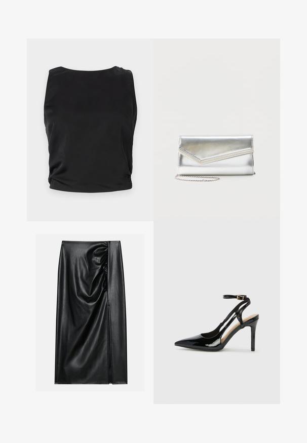 Débardeur noir sans manches avec une texture lisse et brillante ; il présente un col rond et des détails froncés sur les côtés pour une silhouette ajustée.; Jupe en cuir noir avec une texture lisse, présentant une section froncée sur un côté et une fente sur le côté pour un détail supplémentaire.; Escarpin en cuir verni noir à talon haut, avec un bout pointu, une bride réglable à la cheville et des côtés ouverts. Texture lisse.; Pochette argentée brillante avec rabat style enveloppe et garniture décorative, petite bandoulière chaîne argentée, sur fond clair uni.