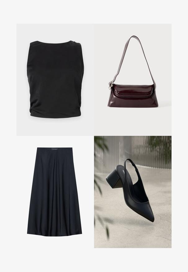 Débardeur noir sans manches avec une texture lisse et brillante ; il présente un col rond et des détails froncés sur les côtés pour une silhouette ajustée.; Jupe noire, arrivant aux genoux, en tissu léger avec un design fluide. Présente une texture lisse et de subtils plis pour un détail supplémentaire.; Escarpin noir en cuir avec un bout pointu et un talon bloc. Texture lisse, design minimaliste et bride de cheville réglable.; Sac à bandoulière en cuir bordeaux foncé avec fermeture à rabat et une fine sangle réglable, présenté sur un fond clair uni.