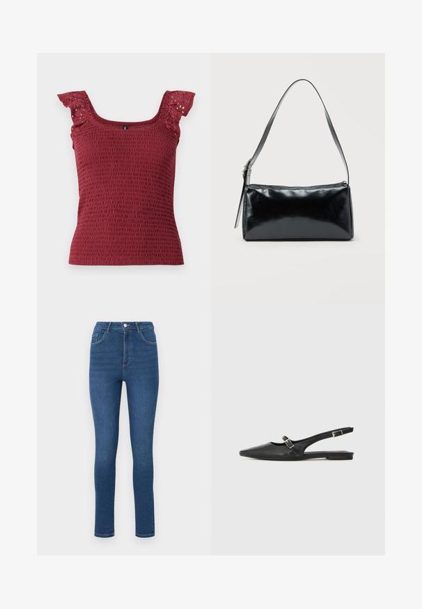 Débardeur bordeaux smocké avec un col carré et de délicates manches froncées avec découpes en œillets. Tissu doux et texturé.; Jean skinny en denim bleu foncé avec taille haute, cinq poches et détails de couture subtils. Le tissu semble lisse et légèrement extensible.; Chaussures slingback en cuir noir avec un bout pointu, comprenant une lanière étroite et un accent de boucle argentée sur le côté. Semelle plate.; Sac d'épaule rectangulaire noir avec une sangle réglable unique et une fermeture éclair supérieure sur un fond uni.