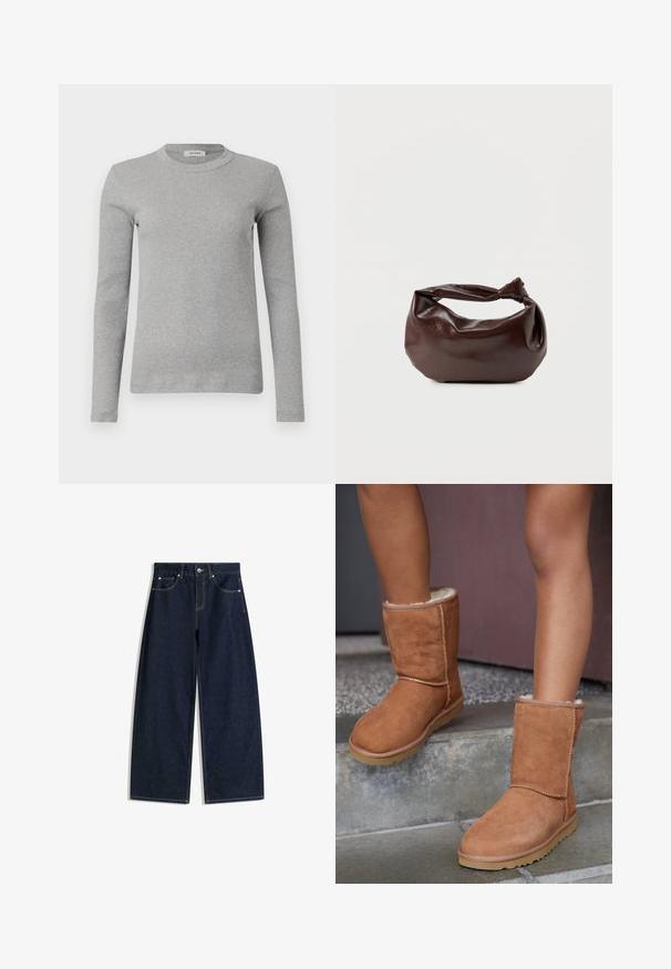 Grå langærmet sweater lavet af ribbede stoffer, med en rund halsudskæring og en tætsiddende silhuet. Simpelt design, ingen synlige mønstre eller accenter.; Mørkeblå bukser i denim med vid ben, forlommer, knaplukning og synlige sømme på hvid baggrund.; Brune ruskind ankelstøvler med rund tå, blødt foer og gummisål, der har synlige stikninger langs sømmene.; Mørkebrun læder skuldertaske med en blød, afslappet form og et snoet knudehåndtag på en ensartet hvid baggrund.