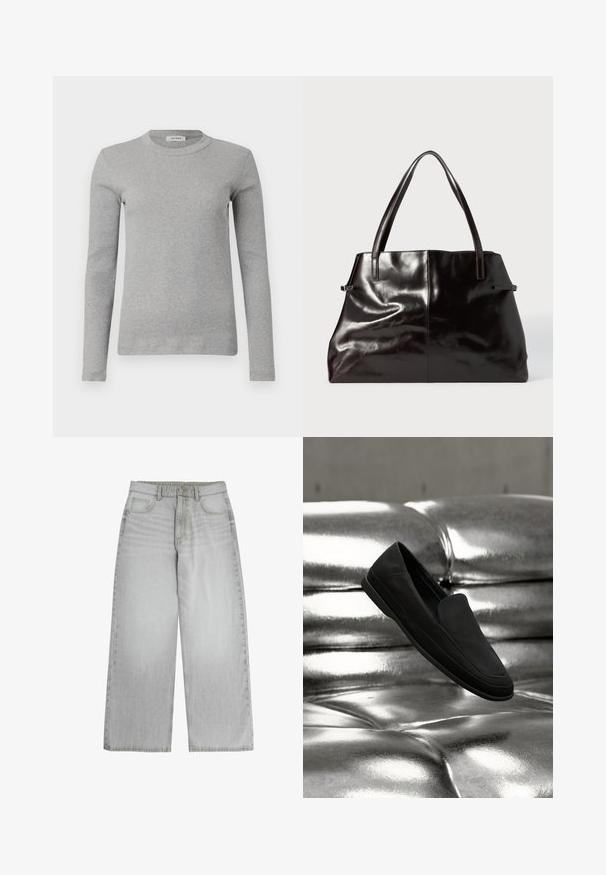 Pull gris à manches longues en tissu côtelé, avec un col rond et une silhouette ajustée. Design simple, sans motifs ni accents visibles.; Jean gris clair à jambes larges avec poches avant, passants de ceinture, fermeture par bouton et zip, présenté à plat sur fond blanc.; Chaussure noire sans lacets à semelle plate flottant au-dessus d'une surface en cuir argenté métallique brillante et capitonnée.; Sac fourre-tout en cuir noir avec texture lisse, deux longues poignées et des coutures subtilement visibles. Présente une large ouverture, idéale pour transporter des objets.