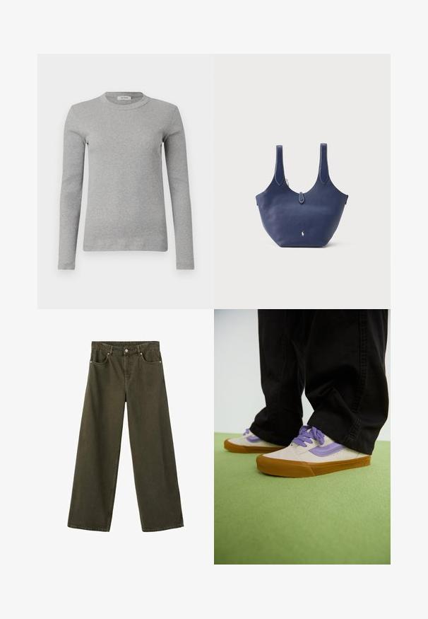 Grå langærmet sweater lavet af ribbede stoffer, med en rund halsudskæring og en tætsiddende silhuet. Simpelt design, ingen synlige mønstre eller accenter.; Olivengrønne vidde jeans lavet af slidstærk denim med fem lommer, sølvhardware og synlige sømme langs sømmene.; Lyse beige sneakers med lilla accenter, gummisål og flade snørebånd. Båret med sorte bukser, vist på en grøn struktureret overflade.; Marineblå lædertaske med to øverste håndtag, en lille frontlåseflap og en diskret hvid logo midt foran.