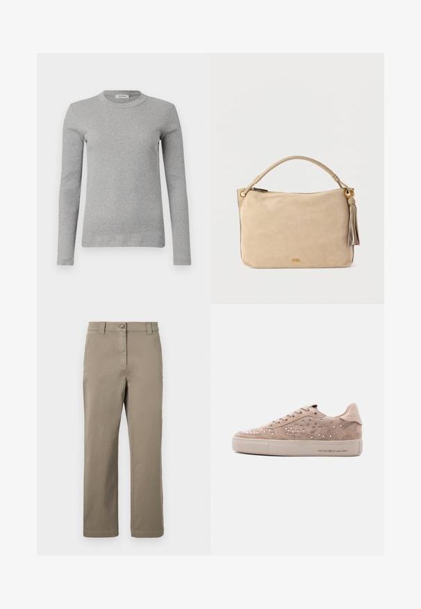 Grijze lange mouwen trui gemaakt van ribbelstof, met een ronde halslijn en een getailleerde pasvorm. Eenvoudig ontwerp, zonder zichtbare patronen of accenten.; Khaki katoenen chino's met een recht gesneden ontwerp, voorzien van een frontknop, zijzakken en een gladde textuur. Geen zichtbare patronen of accenten.; Beige suède sneakers met een getextureerd oppervlak, voorzien van rhinestone accenten aan de zijkant en een dikke, plateau rubberen zool.; Beige suède handtas met een gevlochten handvat, gouden sierbeslag en een decoratieve kwast. Ritssluiting langs de bovenrand.