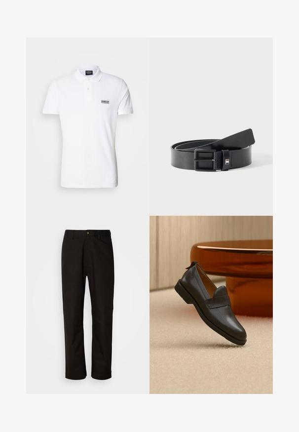 Valge polo särk, mis on valmistatud puuvillast, klassikalise kraega, kahe nupuga ja väikese musta "Barbour International" logoga rinna piirkonnas.; Mustad puuvillased püksid sirge lõikega, vöökohaga, esi tõmblukuga ja ühe nupuga sulgemisega. Sile tekstuur, ilma nähtavate mustriteta.; Mustast nahast madala kontsaga loafer, mis hõljub beežil vaibal, lähedal läikiv merevaigukollast tooni lauale minimalistlikus ruumis.; Mustast nahast vöö matt-musta metallpandlaga, kergelt keritud ja rihmaots valgel pinnal.