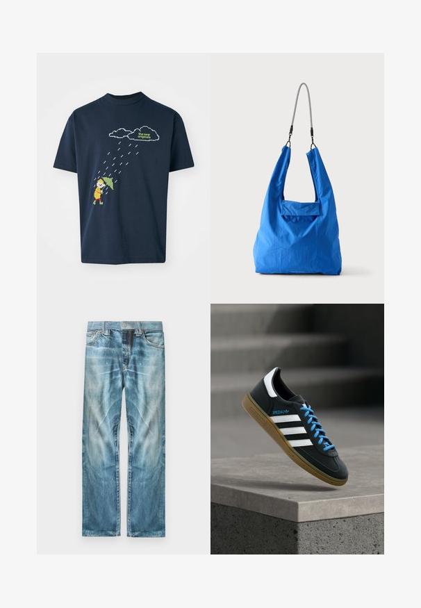 Marineblauwe katoenen t-shirt met een gepixeld grafisch ontwerp van een figuur met een paraplu onder wolken en regendruppels, met daarboven tekst in lichtgroen.; Lichtblauwe verouderde spijkerbroek met rechte pijpen, voorzakken, riemlussen en een knoopsluiting.; Zwarte Adidas-sneaker met witte strepen, blauwe veters en een gumzool die boven een grijze betonnen trede zweeft in zacht licht.; Felblauwe zachte stoffen draagtas met een zwart-wit koord schouderband tegen een effen lichte achtergrond.