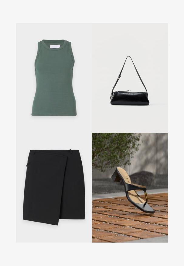 Débardeur vert côtelé avec un col rond et une conception sans manches. Fabriqué en coton extensible, présentant une coupe ajustée et une texture lisse.; Jupe portefeuille noire avec une texture lisse, dotée d'une fermeture éclair sur le côté et de deux passants de ceinture. Design simple sans motifs ni accents visibles.; Sandale noire à talon avec boucle pour l'orteil et accent doré, placée sur une surface pavée en bois et pierre en extérieur près de la verdure.; Sac à bandoulière en cuir noir avec une fine sangle réglable, fermeture éclair et petit logo métallique « GUESS » au centre devant.