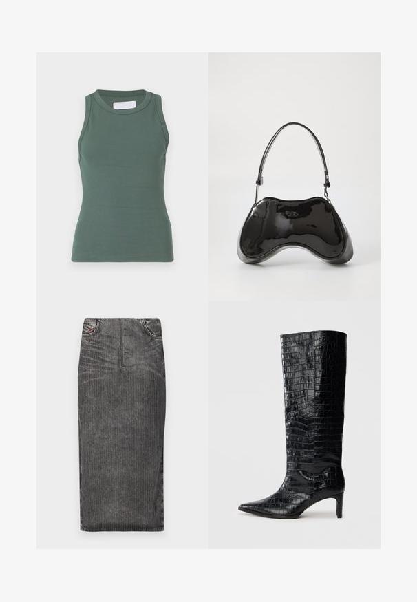 Débardeur vert côtelé avec un col rond et une conception sans manches. Fabriqué en coton extensible, présentant une coupe ajustée et une texture lisse.; Jupe midi en denim gris avec des rayures verticales, présentant une taille haute, un design à cinq poches et un ourlet net.; Bottes noires montantes, avec une texture brillante à motif crocodile, bout pointu et talon effilé. Matériau synthétique lisse.; Sac à main en cuir verni noir avec une forme incurvée unique, une anse courte et ajustable, et une fermeture zippée. Texture lisse avec un branding discret.