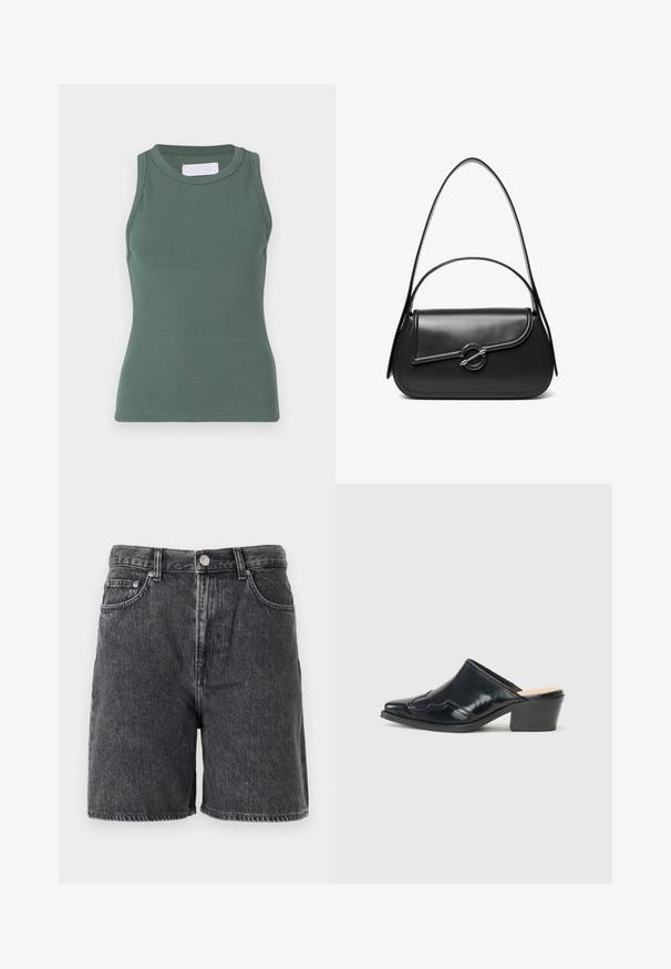 Débardeur vert côtelé avec un col rond et une conception sans manches. Fabriqué en coton extensible, présentant une coupe ajustée et une texture lisse.; Shorts en denim noir délavé avec passants de ceinture, bouton avant, fermeture éclair, et design classique à cinq poches.; Mules en cuir verni noir avec un bout pointu, un design courbé et un petit talon bloc, ornés de piqûres décoratives sur le dessus.; Sac à bandoulière en cuir noir avec un rabat incurvé fermé par un fermoir métallique rond et une sangle fine et ajustable.